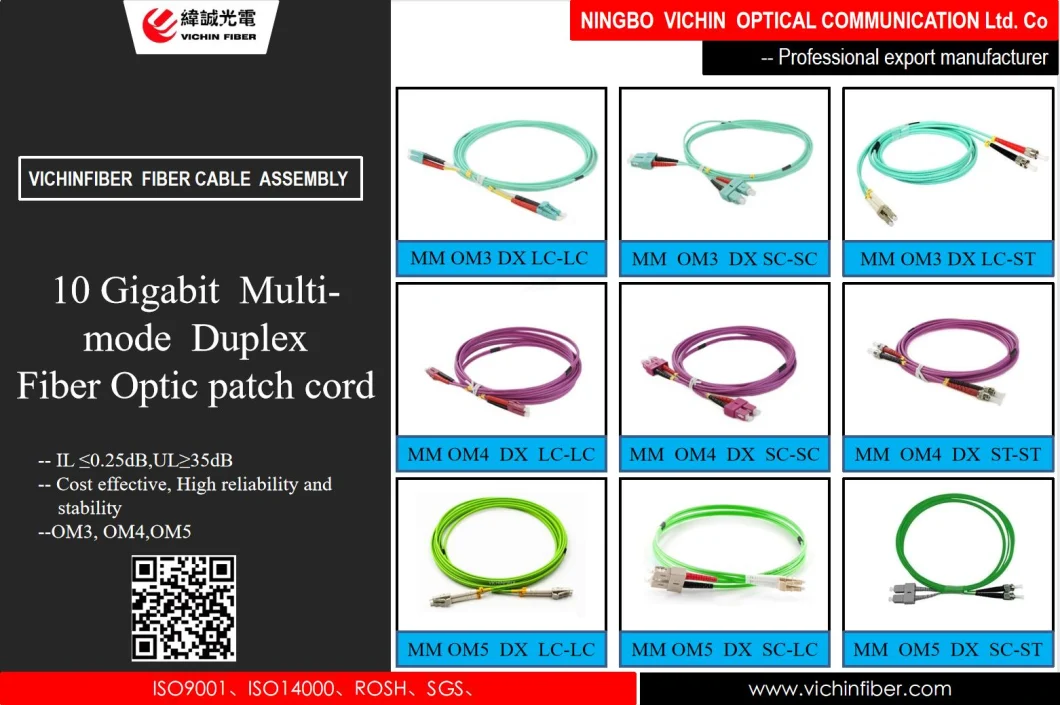 mm Om3 Dx LC-LC Sc-Sc LC-St 10 Gigabit Multi-Mode Duplex Fiber Optic Patch Cord